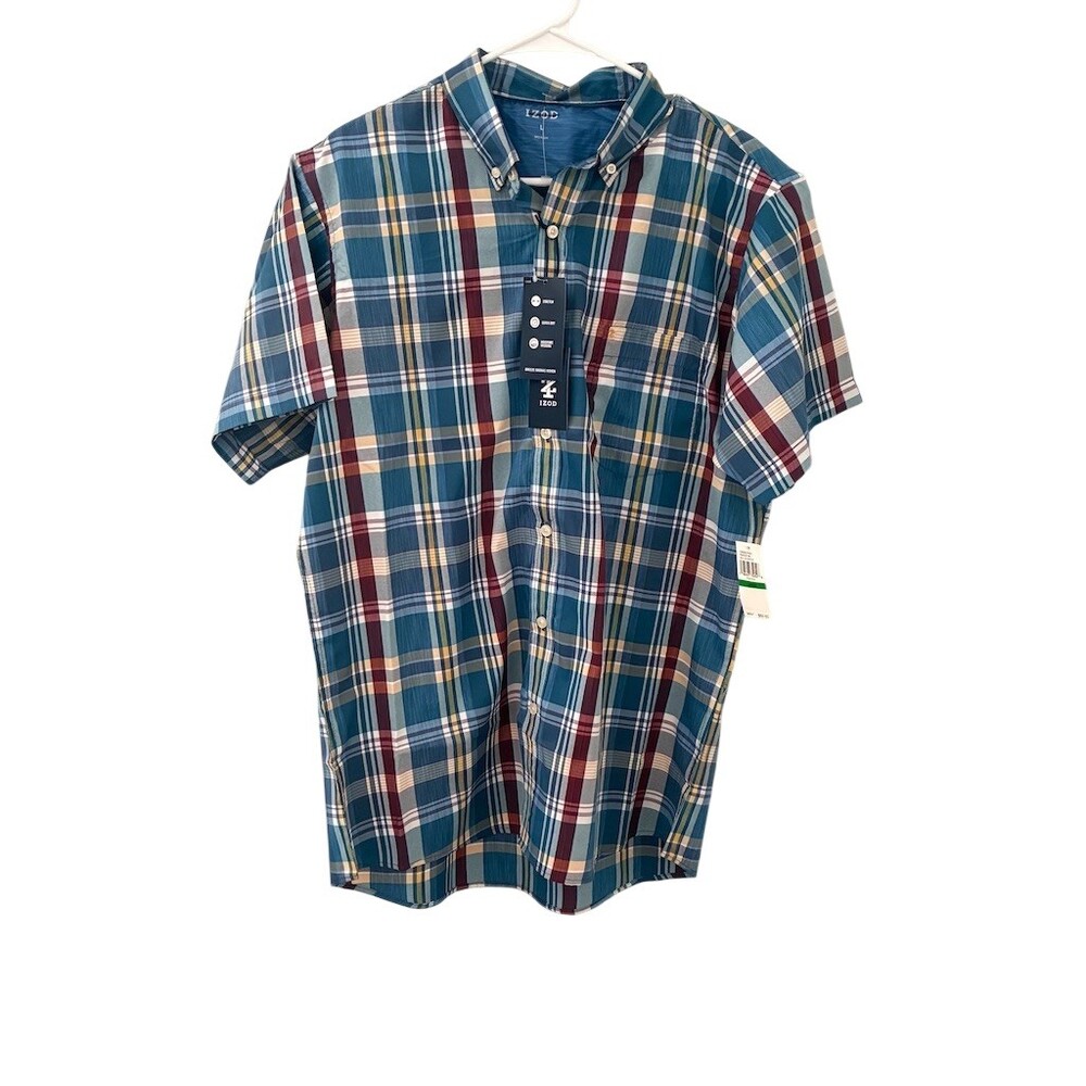 IZOD Shirt Mens Size L Plaid Short Sleeve Button-Down Blue Teal Burgundy